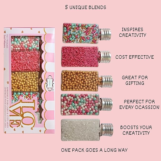 Confect Sprinkles – Princess Party Edible Sprinkles | Mix with Golden Pearl, Blue & White Dragees, , Mint green, White Sparkling Sugar & Pink Jimmies | Vegan, Gluten-Free Cake & Cupcake Decorating Topping - 5 Oz