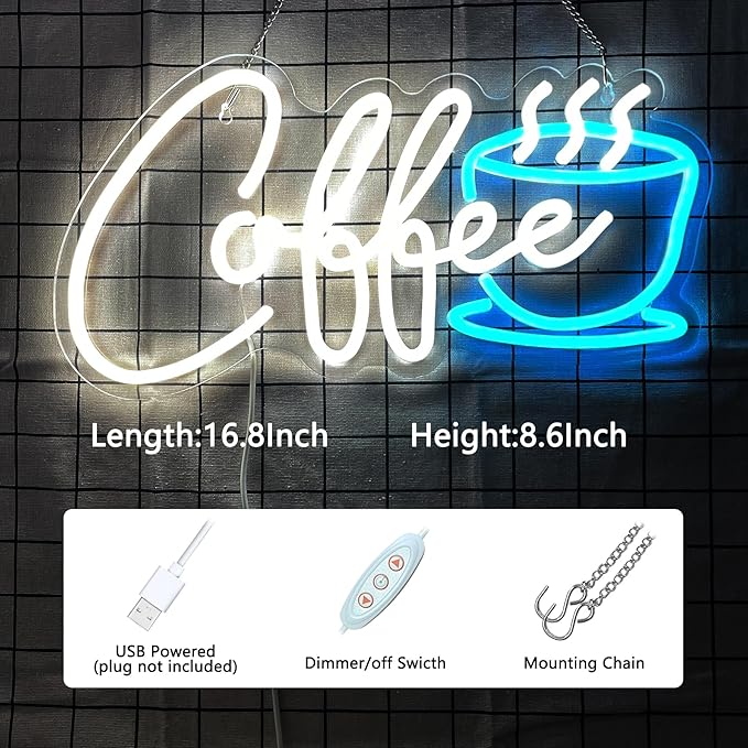 Coffee Neon Sign Led Wall Art Decor Coffee Bar Sign Light Up for Cafe Station Home Room USB Powered 16.5"x8.6"