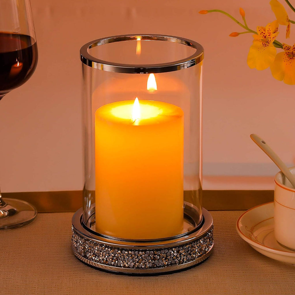 Pillar Candle Holders set of 2,Hurricane Candle Holders for Pillar Candle,Glass Candle Holder for Coffee Dining Table, Wedding, Christmas, Halloween, Home Decoration,Silver Candle Holders