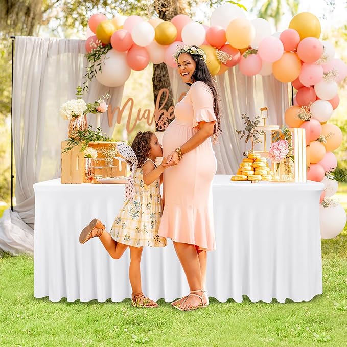 Nasitos White Table Skirt for 8 Foot Rectangle Tables, 4 Pack - 96 x 30 Inch - Stretch Spandex Fitted Table Clothes, Fabric Table Covers Cocktail Tablecloths for Party, Banquet, Birthday