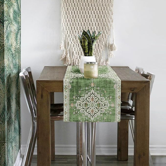 Snycler Table Runner Boho Table Runners Vintage Elegant Farmhouse Table Center Linen Decor for Home Dining Party Entrance (13x48 Inch) Light Green