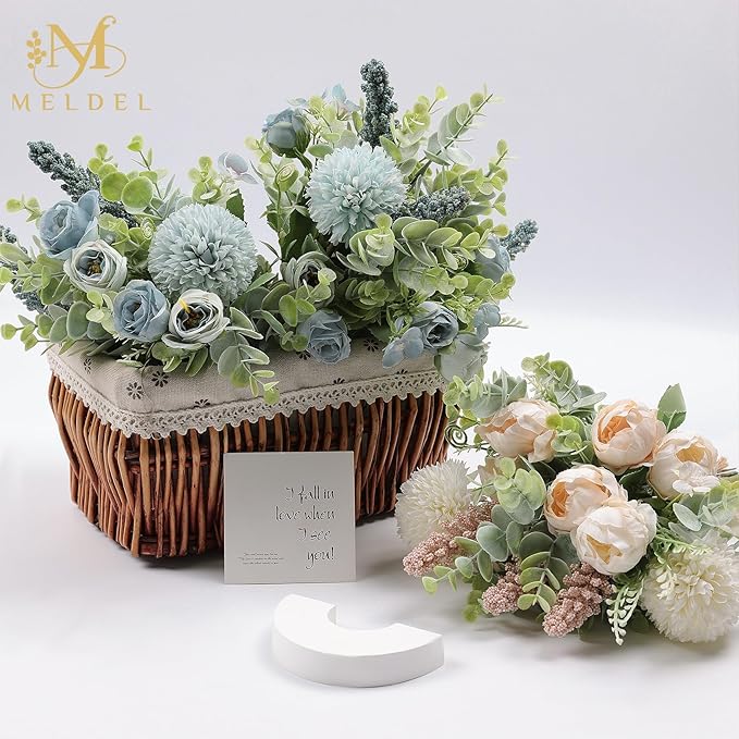 Meldel 3Pcs Rose Bouquet Blue Artificial Flowers Fake Eucalyptus Plants Silk Flower Arrangements Wedding Bouquets Decorations Plastic Floral Table Centerpieces for Home Kitchen Garden Party Decor