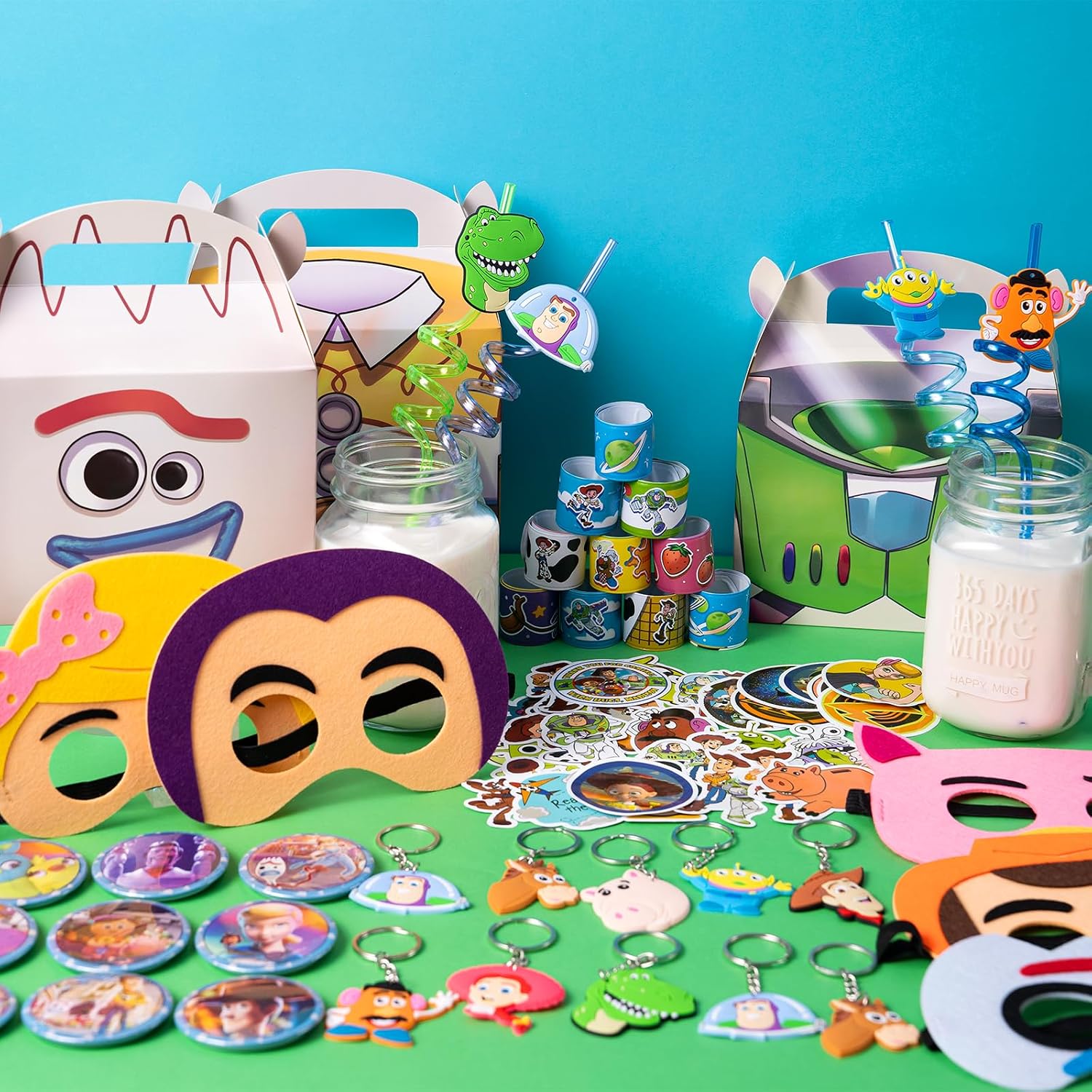 Toy Birthday Decorations,110Pcs Party Supplies,Include 10 Circles,10 Pattern Decorations,10 Key Chains,10 Masks,10 Gift Bags,10 Straws and 50 Stickers