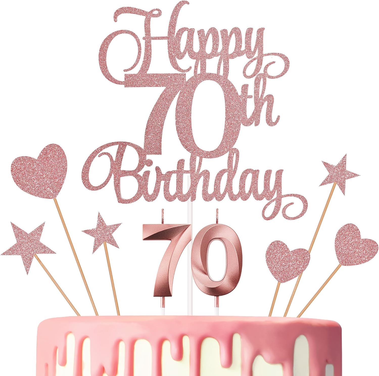 70th Birthday Cake Decorations, 70th Birthday Candles Cake Numeral Candles and Glitter Happy 70th Birthday Cake Toppers Set for Birthday Party Supplies (Rose Gold)