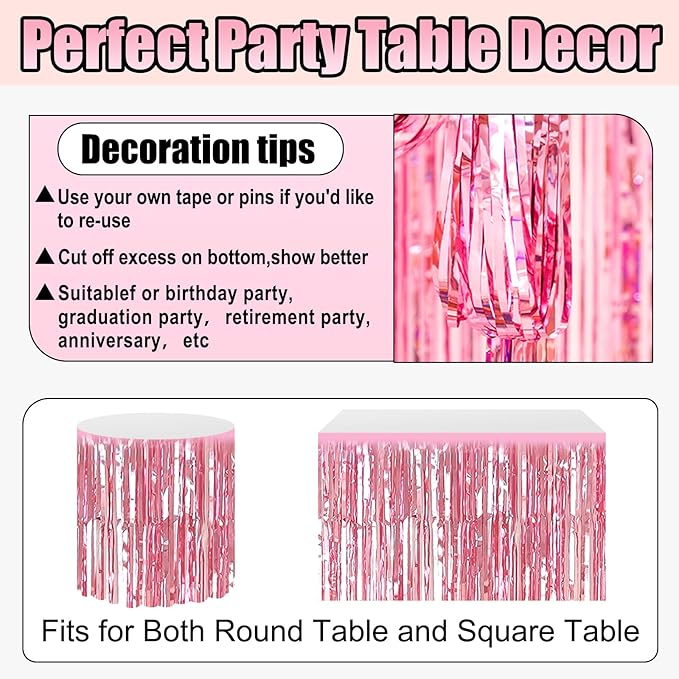 3 Pack 29x108 Inch Pink Foil Fringe Table Skirts Metallic Banner for Tinsel Streamer Garland Backdrop for Parade Floats Wedding Thanksgiving Birthday Christmas Halloween Party Decoration