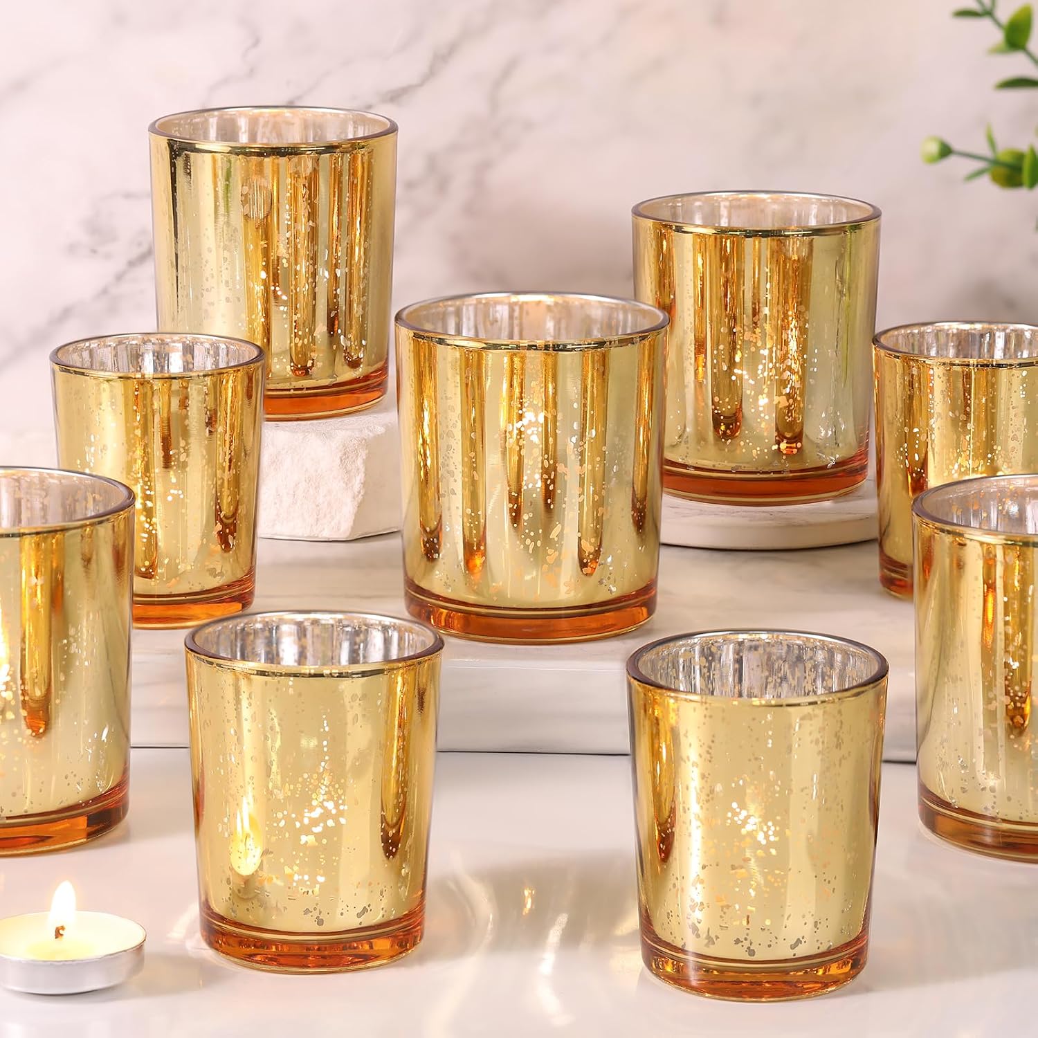 Volens 24pcs Assorted Gold Votive Candle Holders for Wedding Table Centerpieces, Large Mercury Glass Candle Holder for Votive & Tealight Candle, Gold Party Decorations for Bridal and Baby Shower