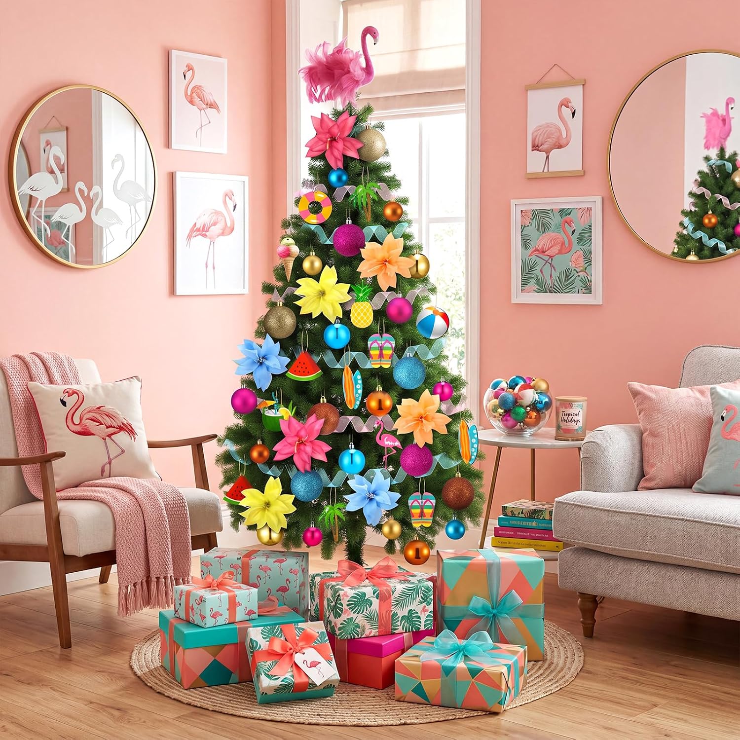 Seenelling 65 Pcs Summer Christmas Tree Ornaments, Tropical Flamingo Decor | Pink Flamingo Topper, Wooden Hangers, Faux Flowers, Ribbon, Luau Beach Party, Christmas in July