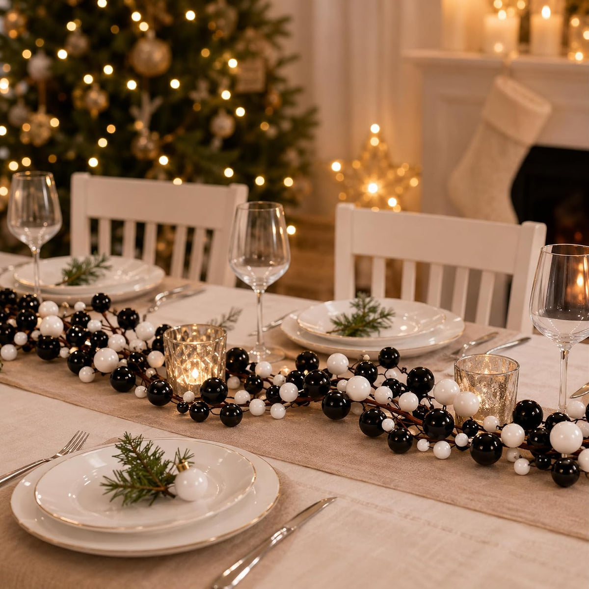 9ft black white christmas ball garland ornaments, gothic on a desk or shelf