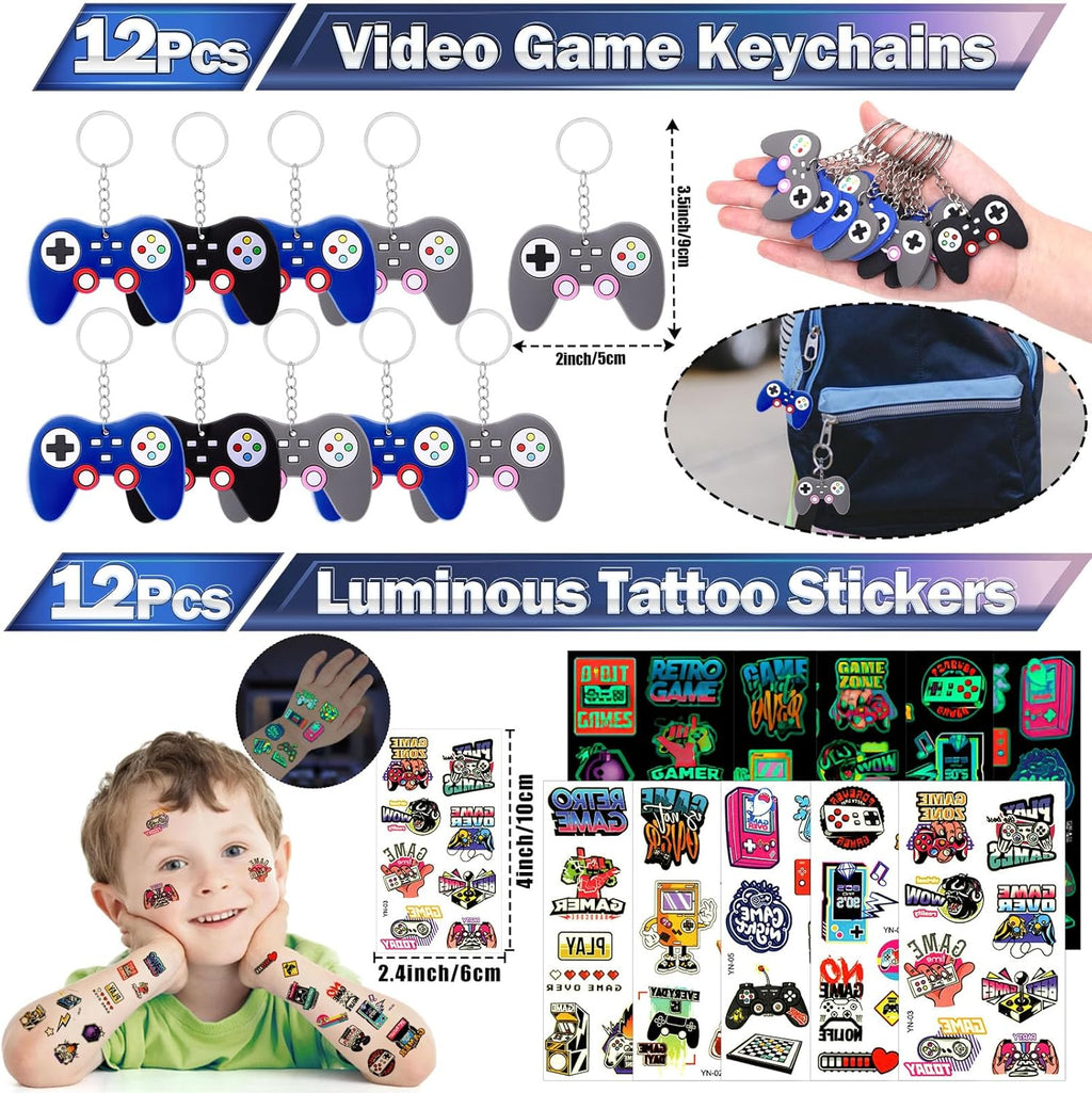 84Pcs Video Game Party Favors Birthday Supplies Kids Boys Invisible Ink Pen Notebook Silicone Bracelet Stamper Tattoo Sticker Gaming Toy Gift Bag Goodie Bag Stuffers Gamer Party Favors