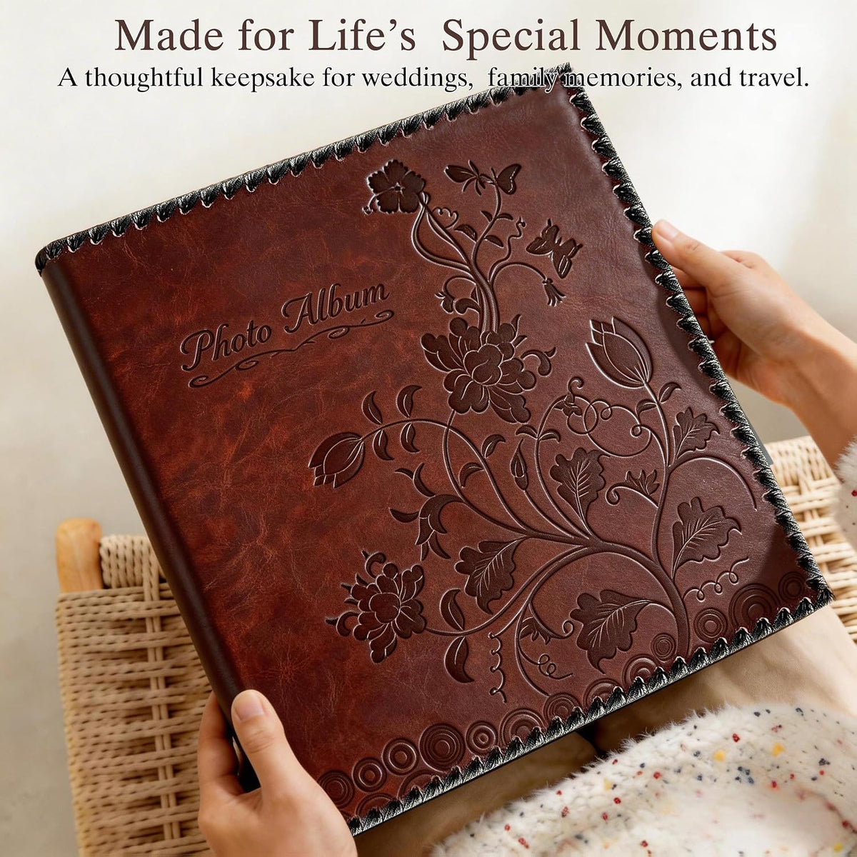 Dark Brown Large Self-Adhesive Photo Album, PU Leather Cover