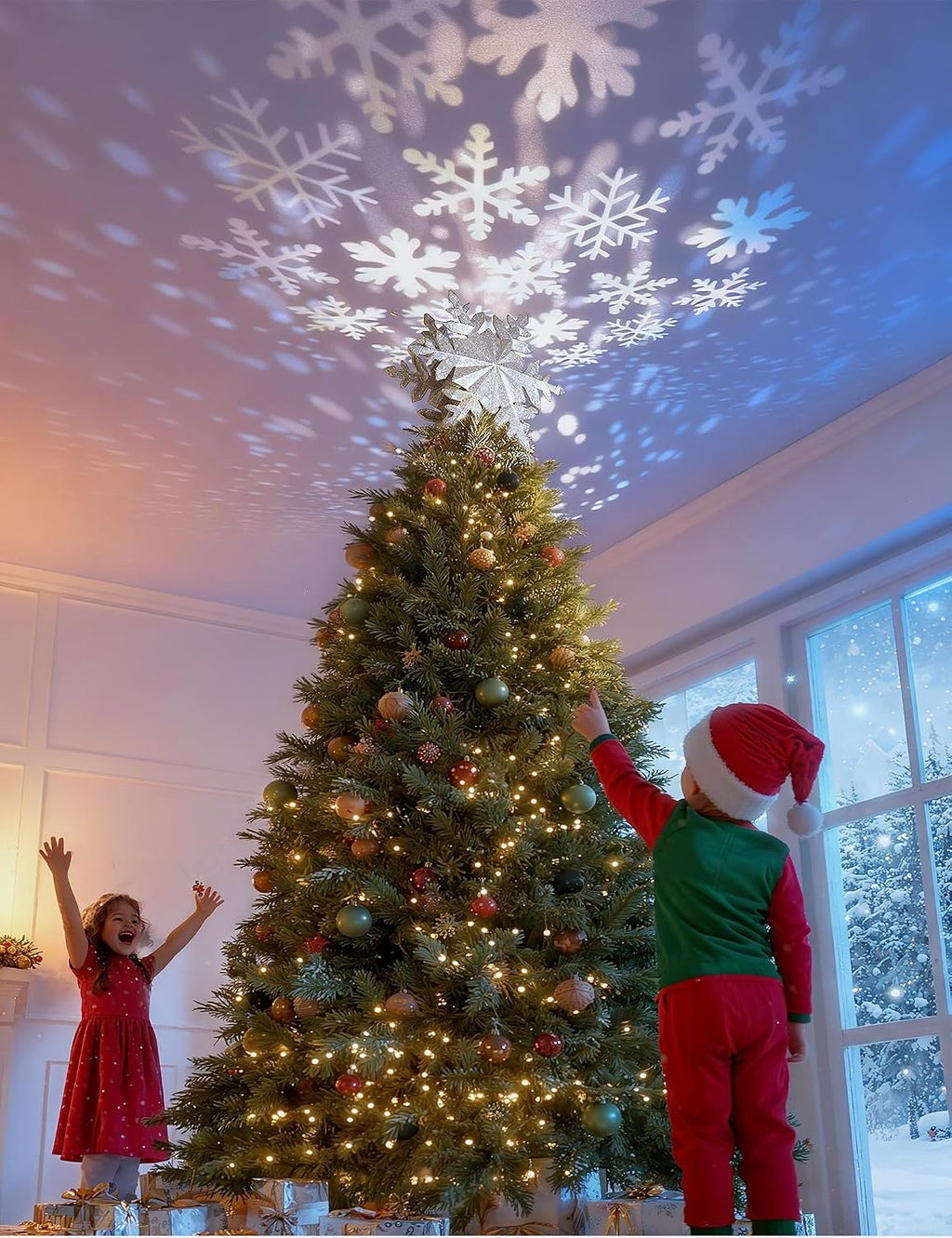 DG-Direct Christmas Tree Topper Lighted with Silver Snowflake Projector, Led Rotating Magic Snowflake, 3D Hollow Glitter Lighted Silver Snow Tree Topper for Christmas Tree Decorations