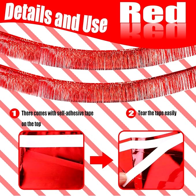 6 Pack 10 Feet Red Foil Fringe Garland Metallic Tinsel Streamers Banner Wall Hanging Curtain Backdrop Banner for Parade Floats, Thanksgiving, Christmas, Birthday, Halloween Party Decorations