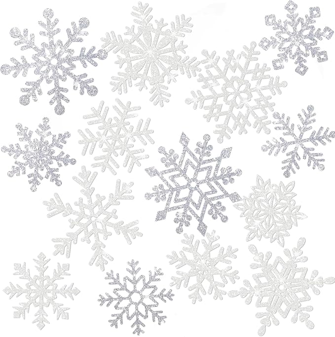 Winter Snowflake Cutouts - Glitter Paper Snowflake Decorations - 50Pcs White & Silver Double-Side Christmas Cutouts for Holiday Winter Wonderland Bulletin Board, Frozen Party Decor