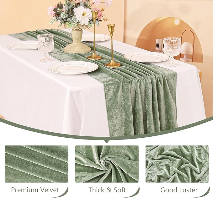 Velvet Table Runner 20 x 120 Inches 10ft Luxurious Thick Soft Velvet Christmas Thanksgiving Wedding Reception Table Runner for Party Reception Decorations(Sage Green, 6 Pack)
