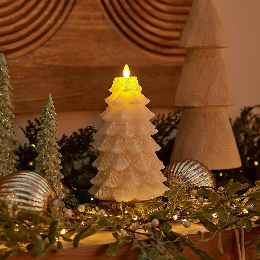 Luminara Christmas Tree Flameless LED Candle, White Swan 5.35" x 8.5", Moving Flame Battery Operated Timer, Holiday Decor, Glitter Snow Finish Safe