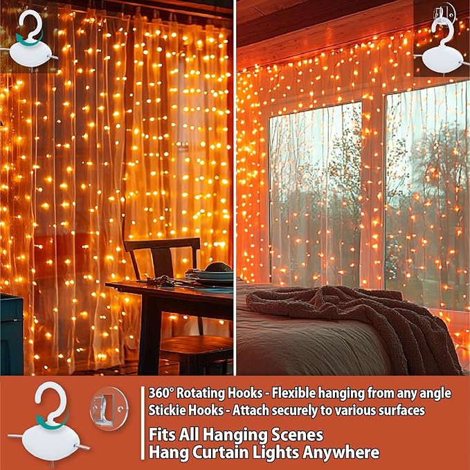 HXWEIYE 300LED Fairy Curtain Lights, 9.8x9.8Ft USB Plug-in 8 Modes Christmas String Hanging Lights with Remote for Bedroom Backdrop Wedding Party Indoor Wall Decor, Orange