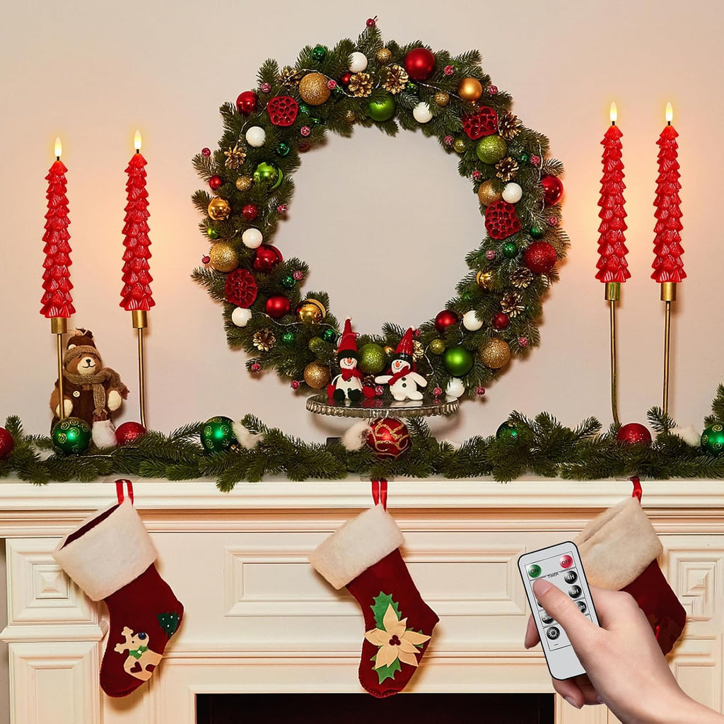 Christmas Tree Candles Battery Operated, Red Waxy Christmas Tree Flameless Taper Candles with Remote Timer, Set of 4 LED Flameless Candlesticks for Xmas Holiday Home Winter Decor(0.78”x9.8”)