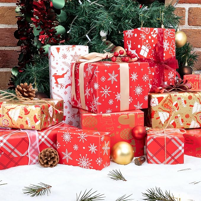 Christmas Gift Wrapping Paper Rolls,3 Rolls 17inches x 198inches Reversible Gift Wrapping Paper, Red Gold White Wrapping Paper, Snowflakes, Stripes, Plaid, Santa hat, Christmas decorations