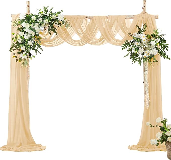 VACVELT Wedding Arch Draping Fabric Champagne Chiffon, 1 Panel Sheer Drapes 30 Inch x 20ft Chiffon Backdrop Curtain Decor, Outdoor Sheer Drapery for Ceremony Party Ceiling