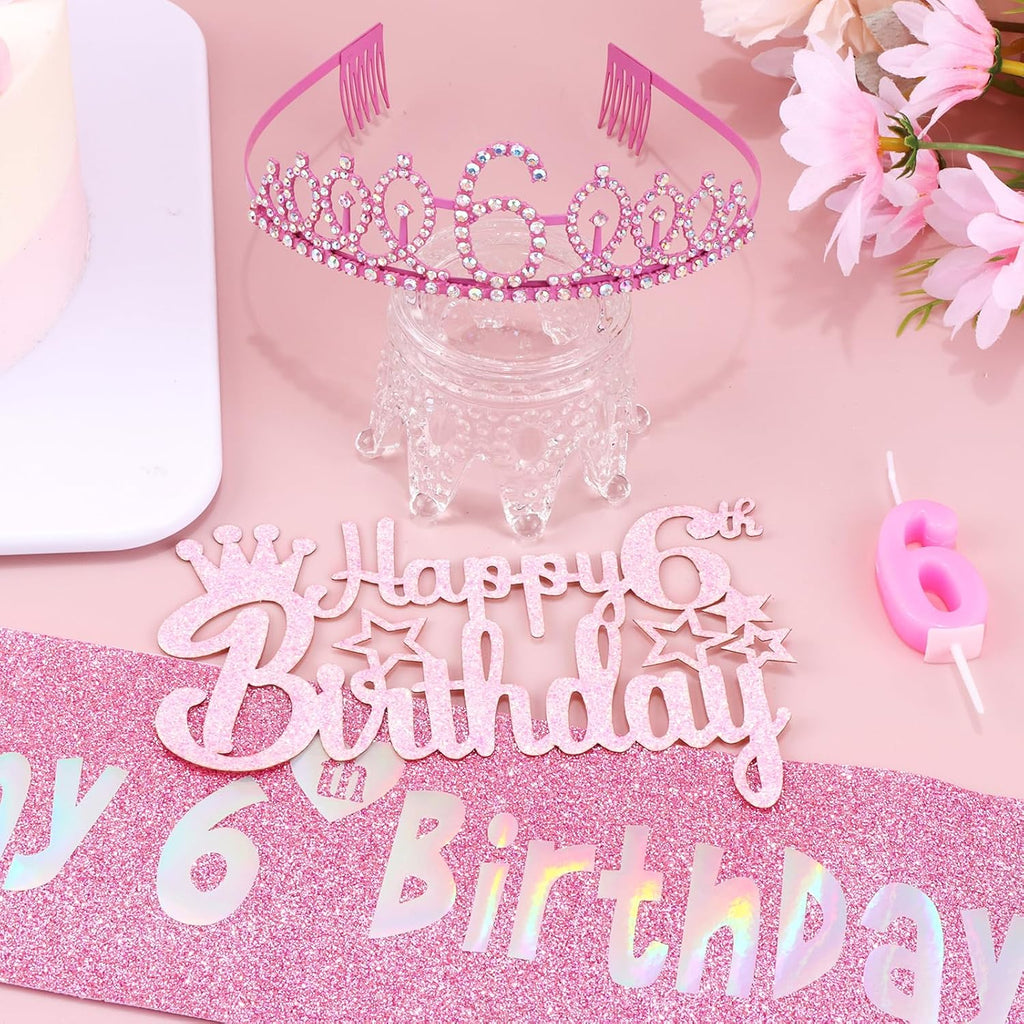 6th Birthday Party Decorations Set for Girls- Pink Crown, Glitter Sash, Number 6 Candle & Cake Topper Kit for Birthday Celebrations Party Supplies Gift