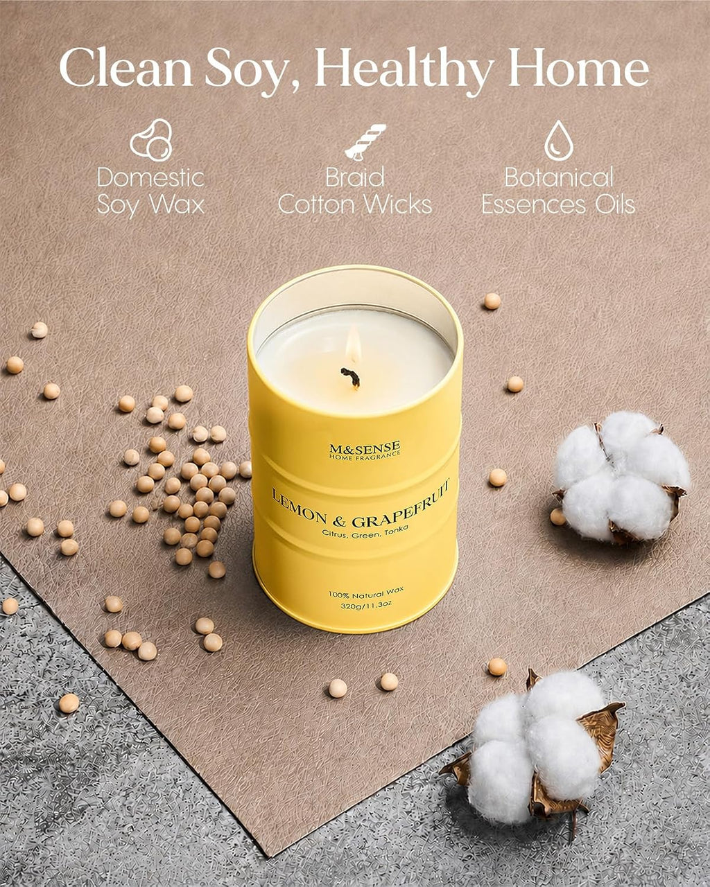 M&SENSE Lemon Candle,Summer Grapefruit Scented, Lemon Soy Candles 11.3oz 70 Hour Slow Burning, Limoncello Highly Scented Citrus Candles for Bathroom, Fresh Smelling Candle