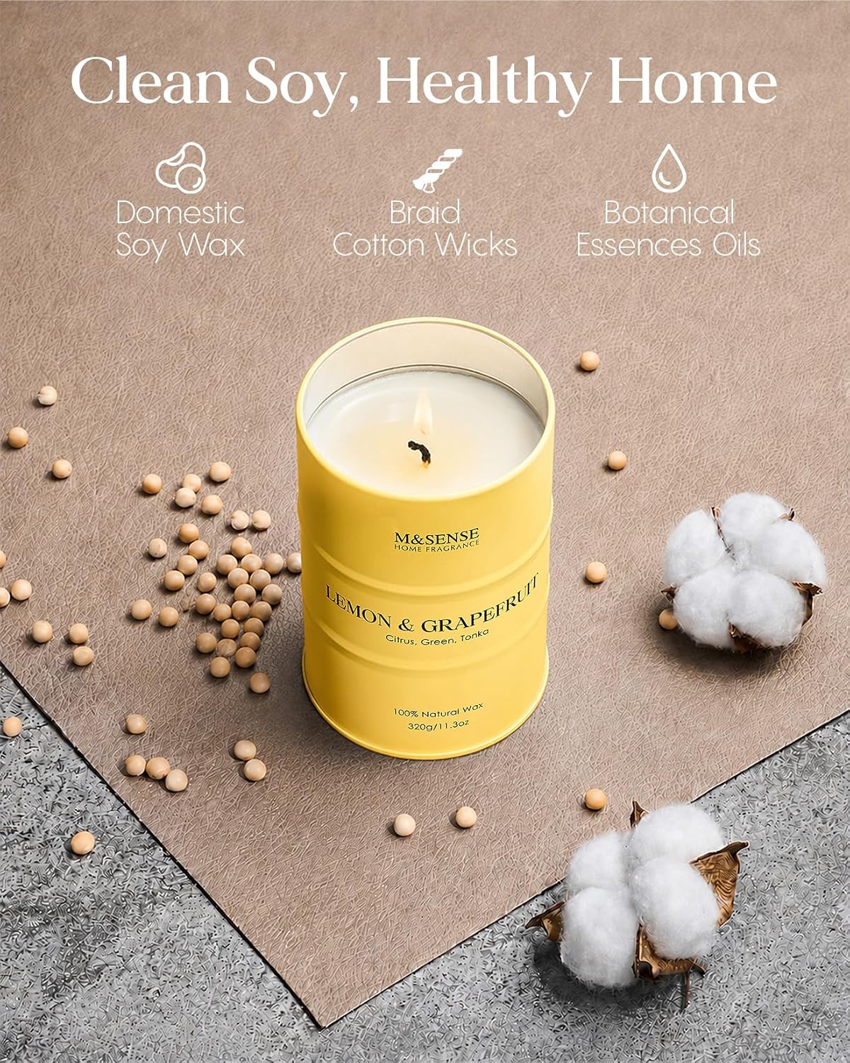 M&SENSE Lemon Candle,Summer Grapefruit Scented, Lemon Soy Candles 11.3oz 70 Hour Slow Burning, Limoncello Highly Scented Citrus Candles for Bathroom, Fresh Smelling Candle