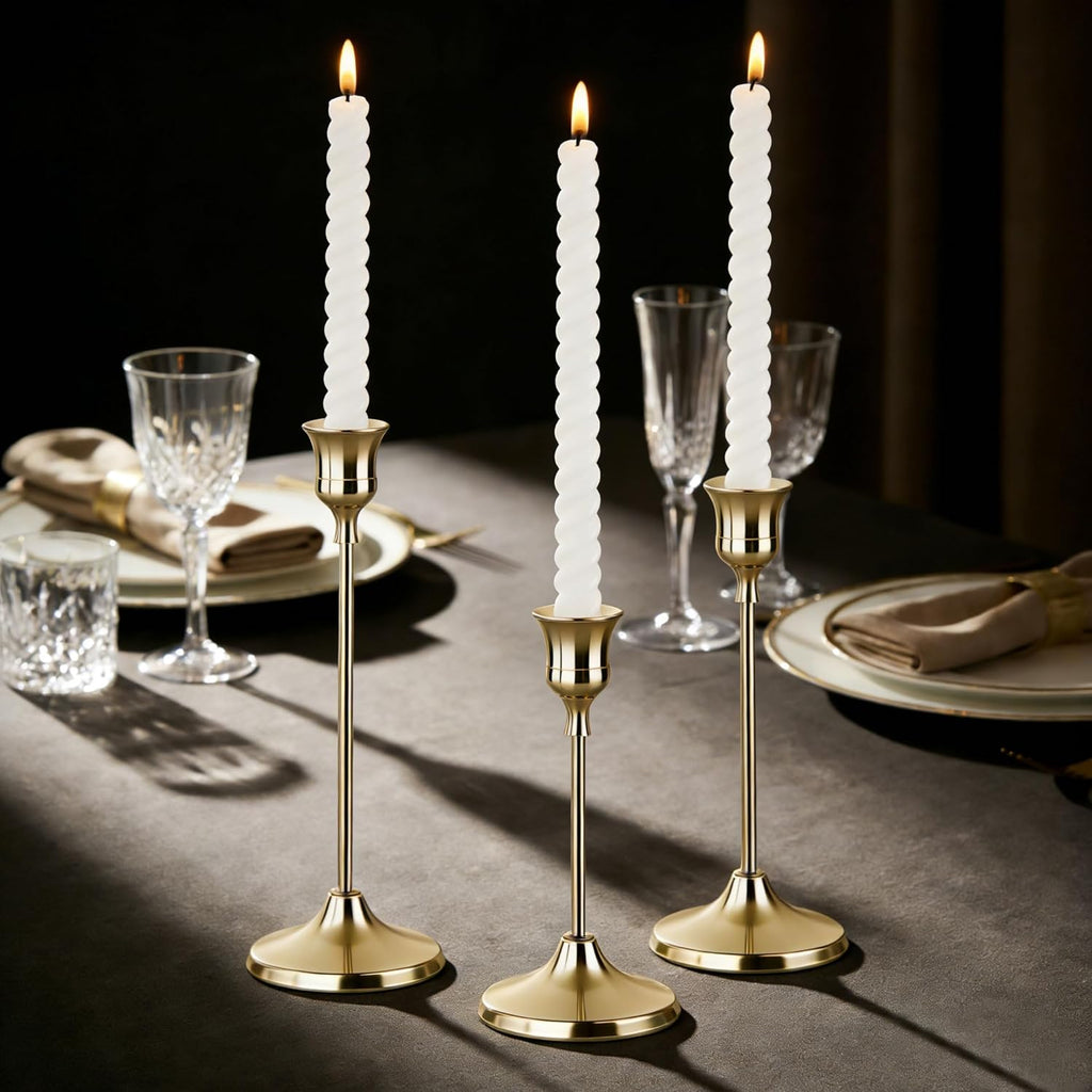 10 Sets Candle Gold Metal Candlestick Holders -Vintage Modern Metal Taper Candle Holders, Decorative Centerpiece for Table Mantel, Wedding Kitchen Home Decor, Wedding Gift,30Pcs