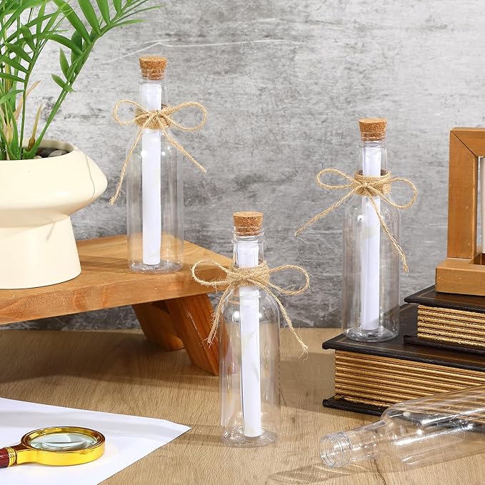 Baderke 48 Pcs 5.6 oz Message Bottles with Letter Printer Paper Plastic Bottles & Corks Twines for Message Invitations Birthday Wedding Baby Shower DIY Crafts Gift Party Favors (White)