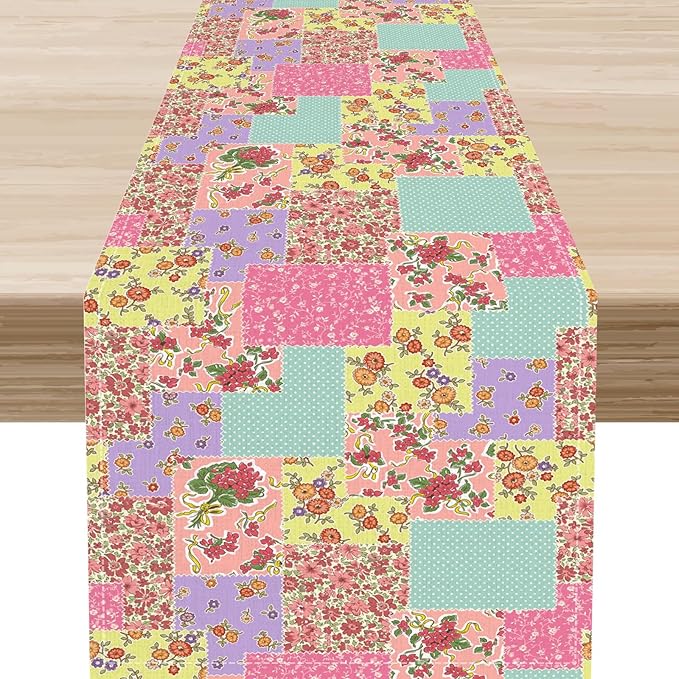 Boho Patchwork Table Runner, Vintage Farmhouse Colorful Wildflowers Bohemian Paisley Flower Table Center Decor for Home Kitchen Dining Patio Holiday Party Indoor Table Decorations, 13"x90" Inch