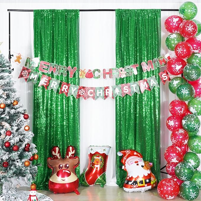 Poise3EHome Green Sequin Backdrop Curtain, 2 Panels 2FTx8FT Glitter Background for Party Halloween Birthday Party Baby Shower Wedding Christmas Thanksgiving Holiday Festival Decor