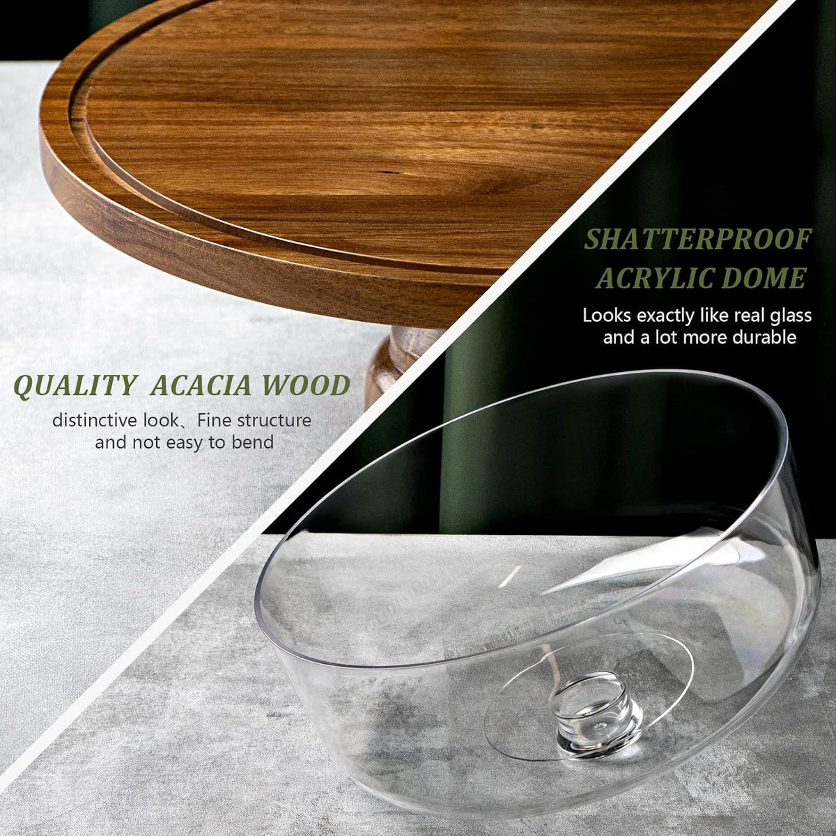 ANBOXIT Cake Stand with Dome Lid, Acacia Wood Cake Plate with Cover