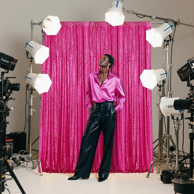 Fuchsia Sequin Backdrop Curtain 2 Pieces 2FTx8FT Glitter Photography Backdrop for Party Wedding Birthday Christmas Decorations