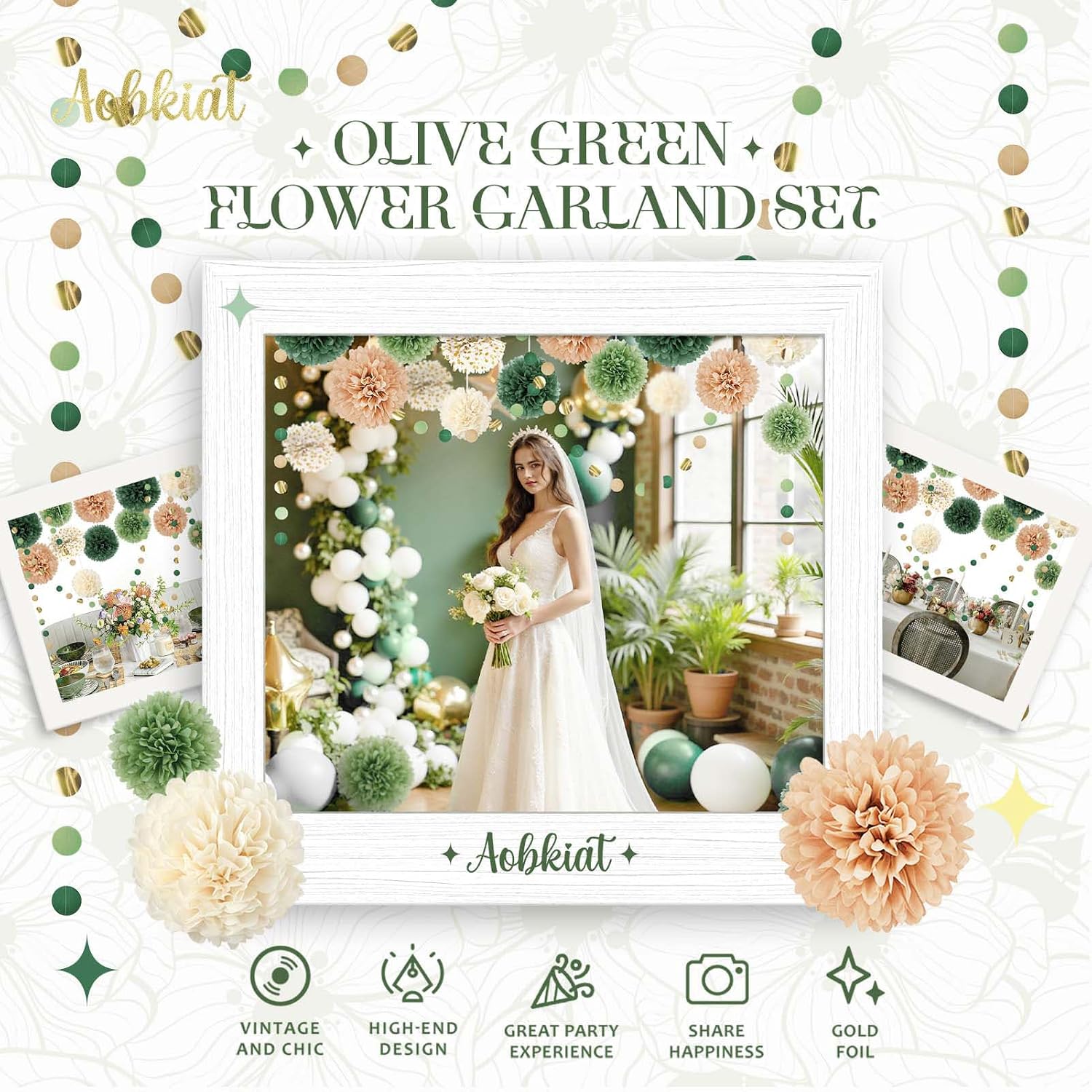 AOBKIAT Wedding Party Decorations Set,15PCS for Green Neutral Baby Shower | Green Khaki Tissue Paper Pom Poms,Garland String Hanging Backdrop for Engagement,Green Boho Themed,Bridal Shower