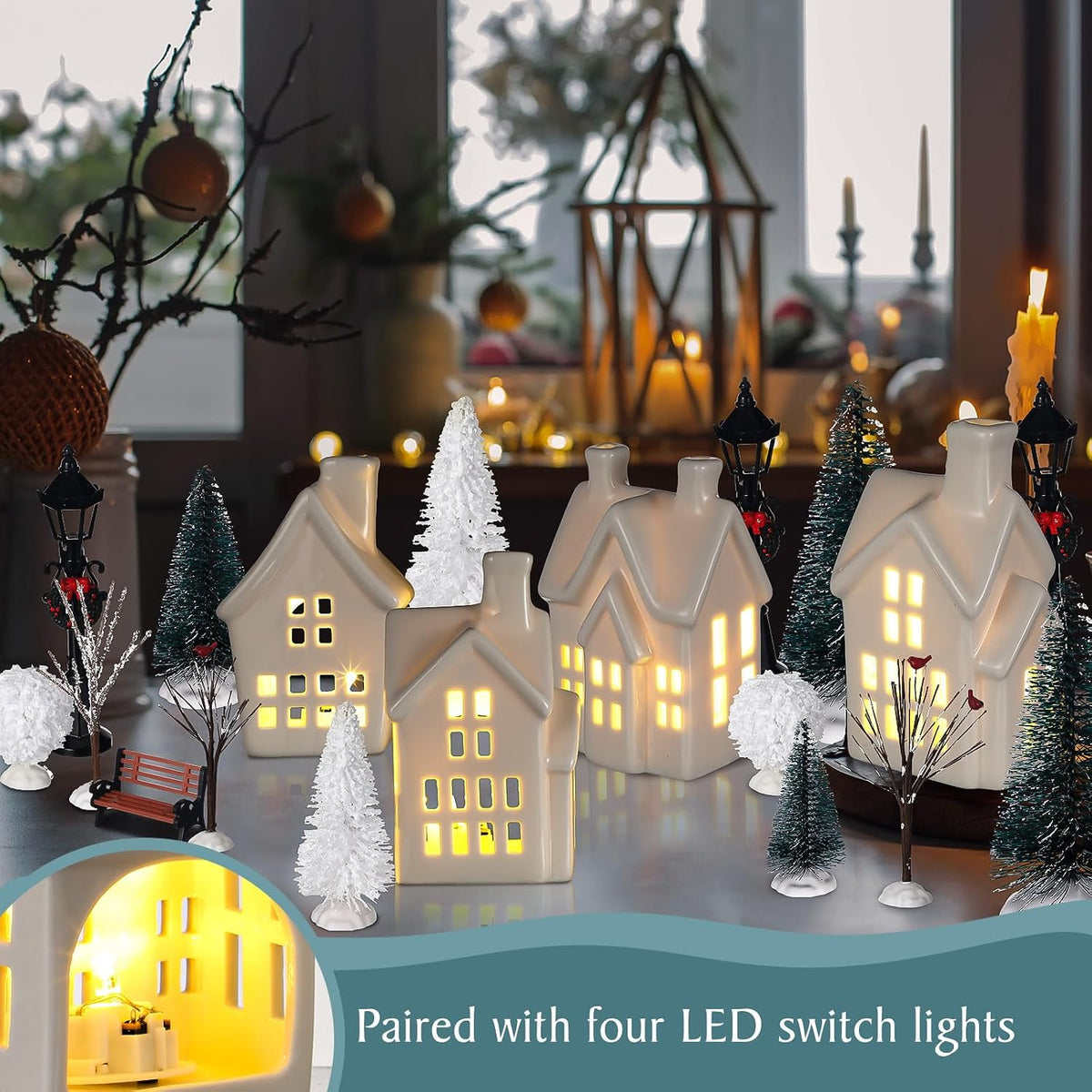 ceramic christmas village sets with led light winter, side view