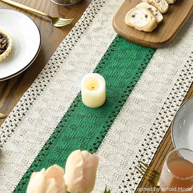Artoid Mode Dark Green Farmhouse Rustic Table Runner, Seasonal Holiday Hollow Kitchen Dining Table Decoration for Home Party Decor 12x60 Inch