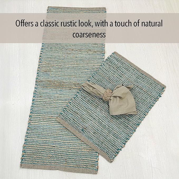 Chardin home Natural Jute Table Runner 13x36 Inch – Vintage Boho Rustic Table Decor – Handwoven Table Runner in Natural Jute and Aqua Turquoise – Farmhouse Dining or Console Table Accent