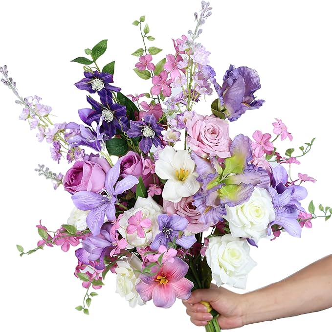 Artificial Flowers Bouquets for Bridal Wedding Home Decor Fake Floral Arrangements for Party Table Centerpieces DIY Silk Flower Set Spring Summer Indoor Outdoor (Combo Purple/White)