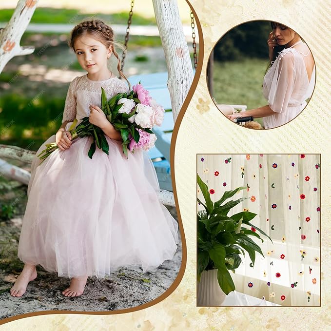 6PCS Champagne Floral Table Runner 10 FT, Embroidery Daisy Table Runners Seasonal Sheer Tulle Table Runner for Thanksgiving Wedding Birthday Baby Shower Party ﻿