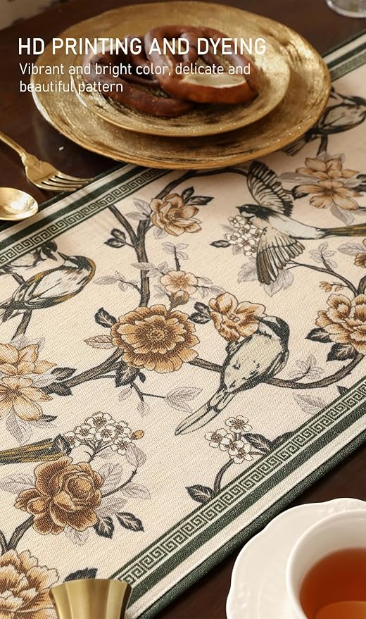 ISAENNE Designer Vintage Beige Linen Table Runner 87 Inches Long,Elegant Floral and Bird Pattern Decor Table Runners for Dining Tables,Thanksgiving,Christmas,Banquet,Party,12"*87"-Murad A