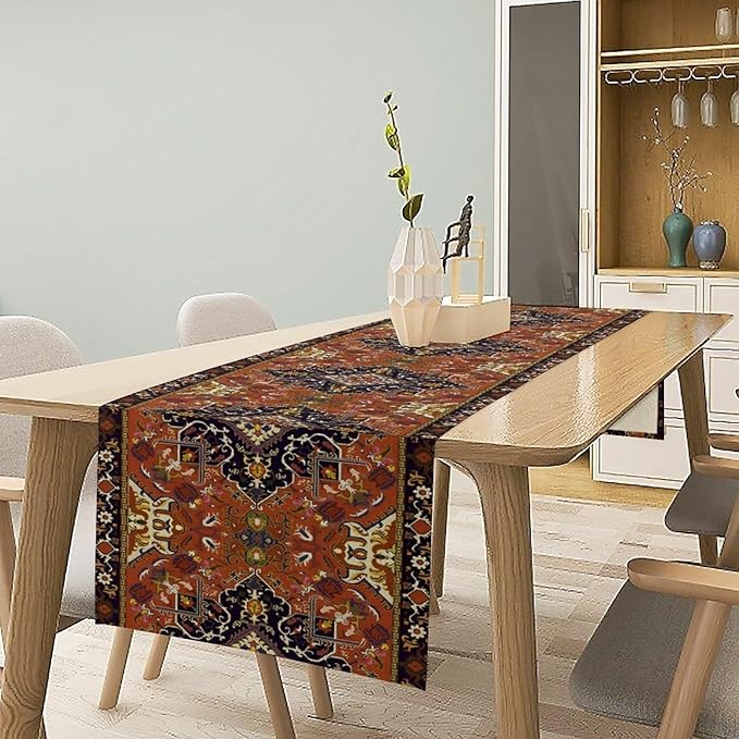 Vintage Boho Orange Table Runner, Country Rustic Farmhouse Magical Abstract Print Pattern for Home Kitchen Table Decor Dining Coffee Room Garden Party Decor 13x60in