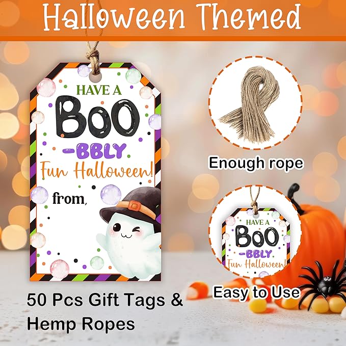 50 Pcs Halloween Tags with String, 2.1"×3.5" Ghost Paper Gifts Tags, Boo Trick or Treat for Candy, Halloween Gifts Tag Wrap for Party Favor - B07