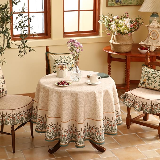 patdrea Designer Linen Vintage Tablecloth for Round Table,Anti-Wrinkle Durable Breathable French Table Cloth,Dacorative for Kitchen Dining,Party,Christmas,Thanksgiving,Diameter 55"-Cudillero