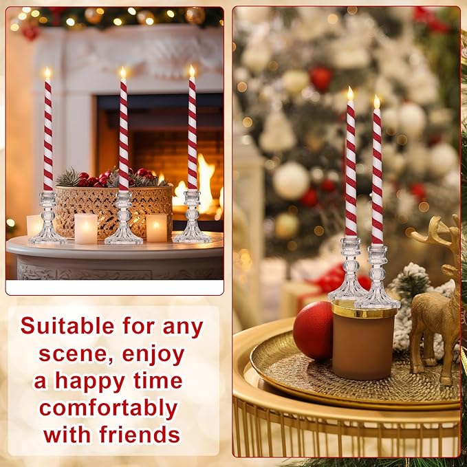 Baquler 6 Pcs Christmas Flameless Taper Candles 10.6 Inch Glitter Candy Cane Candles Battery Operated LED Christmas Candlesticks for Xmas Centerpiece Holiday Party Decor