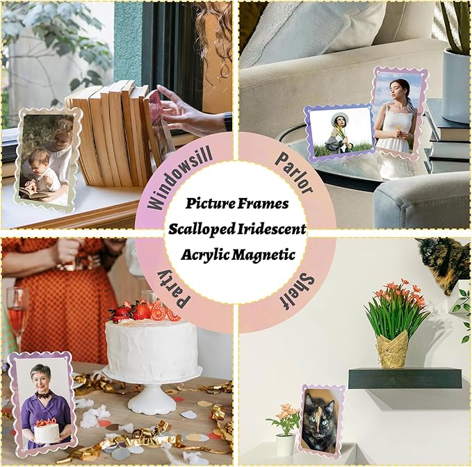 Acrylic Picture Frames 3 Pack 4x6 inch Scalloped Iridescent with Detachable Stand, Vertical and Horizontal Tabletop Display, Magnetic Photo Frames for Café/Home/Weeding/Party
