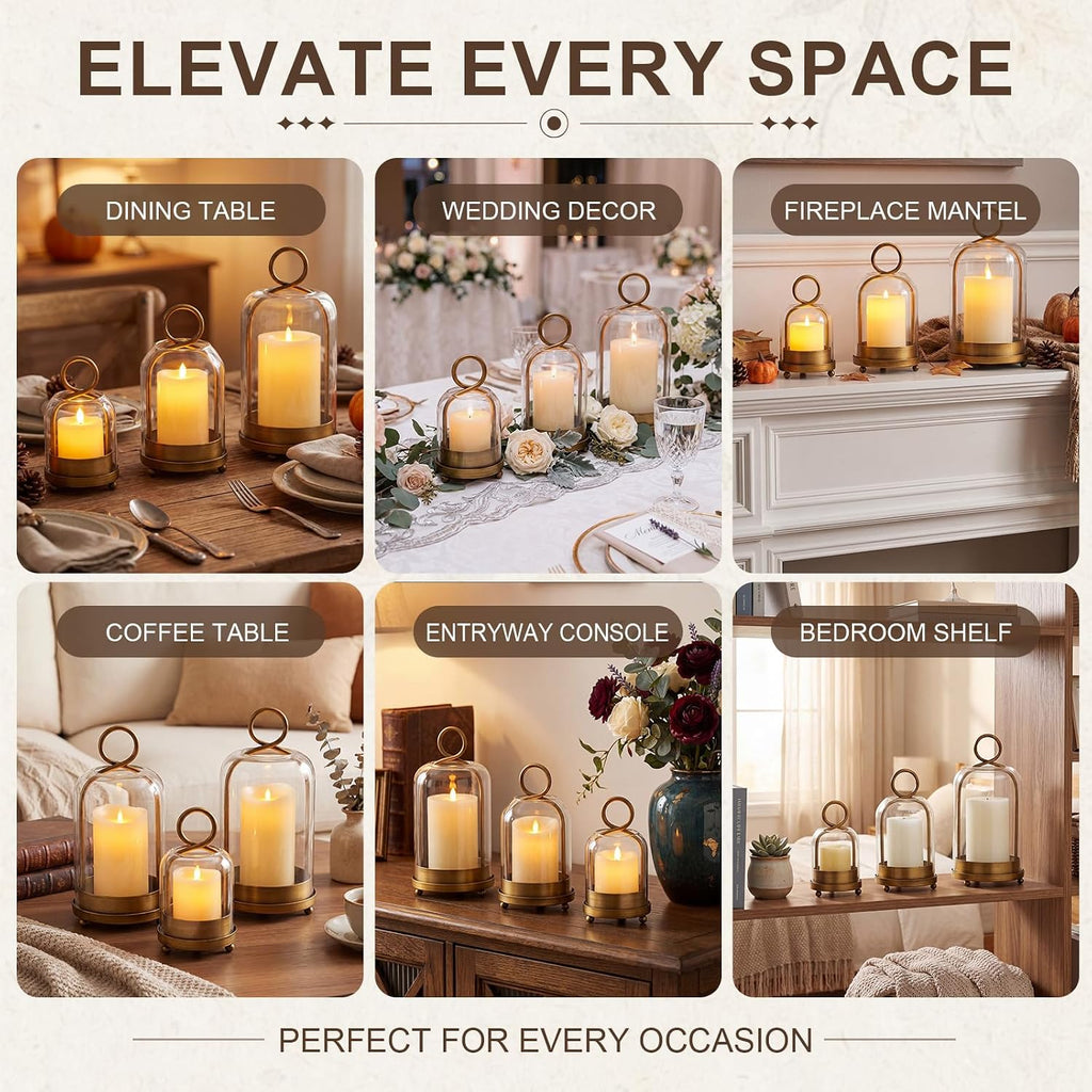 Woanger 3 Set Glass Pillar Candle Holder Set with Hanging Hooks, 5"/7"/9" Metal Candle Lantern with Glass Dome, Designed for Flameless LED Candles, Table Centerpiece Home Wedding Decor (Vintage Brass)