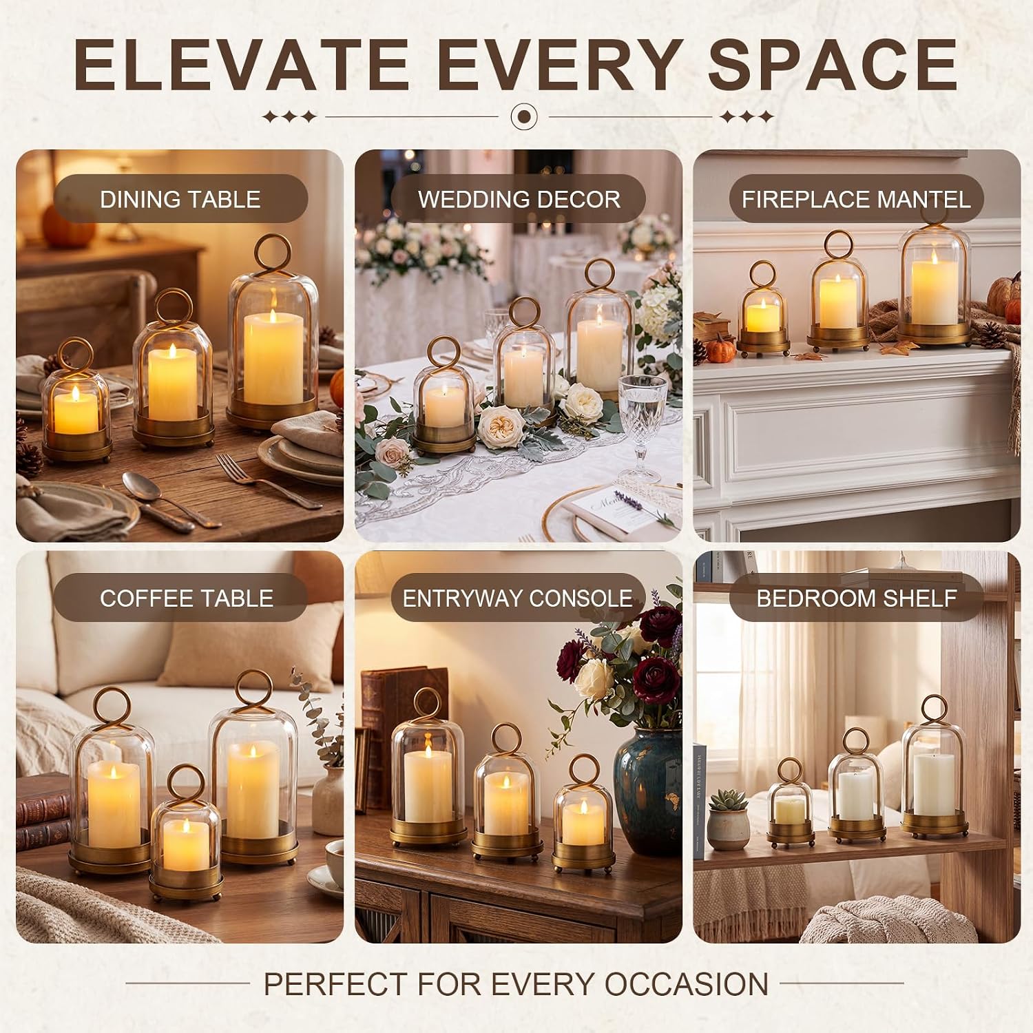 Woanger 3 Set Glass Pillar Candle Holder Set with Hanging Hooks, 5"/7"/9" Metal Candle Lantern with Glass Dome, Designed for Flameless LED Candles, Table Centerpiece Home Wedding Decor (Vintage Brass)