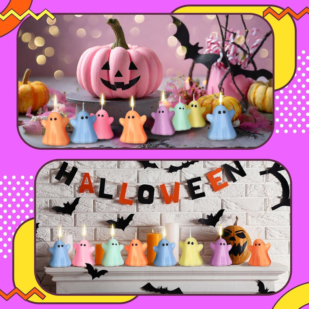 DoubleFill 12 Pcs Pastel Halloween Ghost Candles Cute Burning Unscented Wax Candles Ghost Spooky Decor for Halloween Holidays Party Bedroom Table Decorations