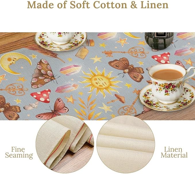 Boho Sun Moon Table Runner Mystical Rustic Butterfly Mushroom Star Table Runner for Kitchen Living Room Dinner Holiday 13x36 Inch