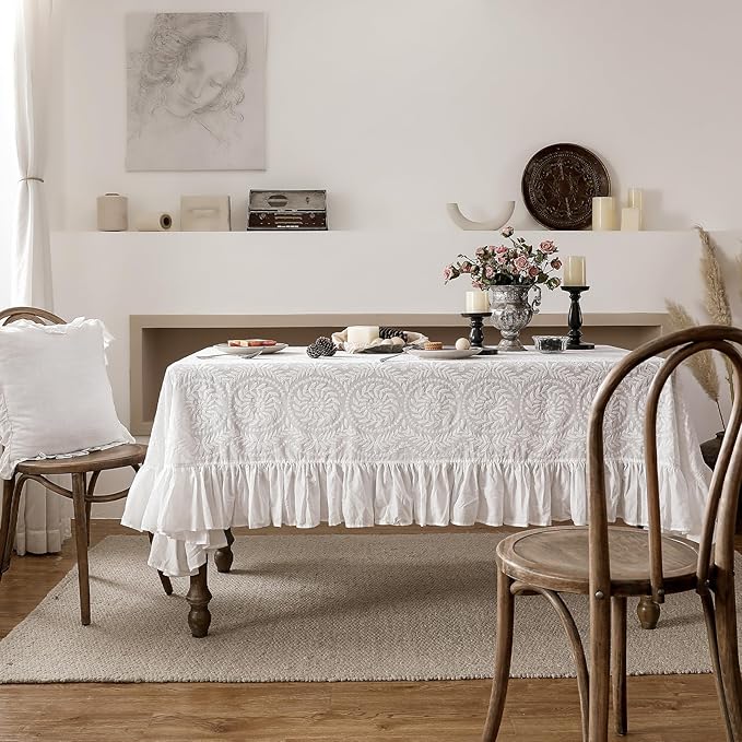 patdrea Vintage Ruffle Tablecloth for Rectangle Tables,Farmhouse Embroidered Cotton White Lace Table Cloth Cover Decor for Dining Room Wedding Banquet Thanksgiving Christmas,63"*98"