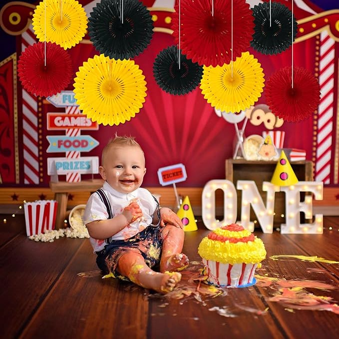 18 Pcs Black Red Yellow Hanging Honeycomb Paper Fans, Round Paper Fan Decorations for Weddings, Birthdays, Bachelorette, Photo Booth Backdrops, Baby Shower, Anniversary Events Party Supplies